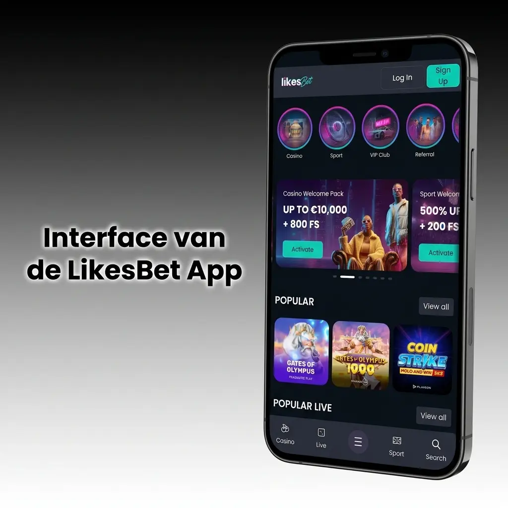 Interface van de LikesBet App met donker kleurenschema en gele accenten